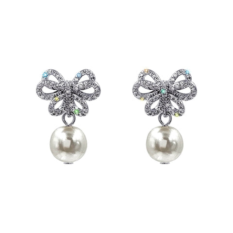 #17452 Elegance in Bloom Sparkling CZ Bow & Pearl Drop Earrings