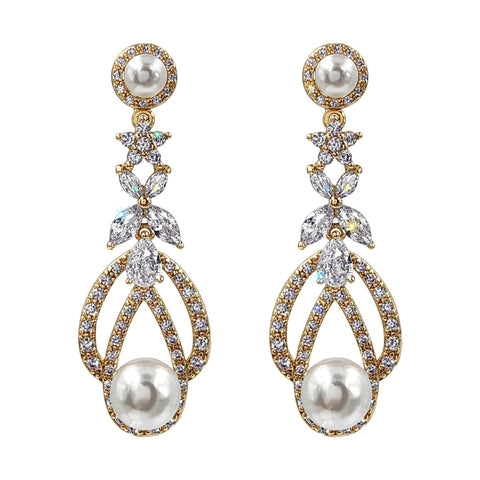 #17469G Majestic Teardrop Pearl and CZ Leaf Motif Earrings - Gold