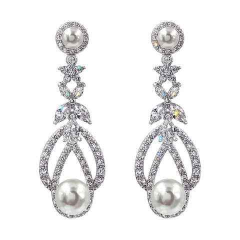 #17469S Majestic Teardrop Pearl and CZ Leaf Motif Earrings - Silver