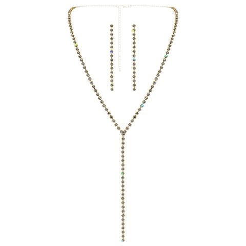 #17529G - Rhinestone Chain Drop Y-Necklace Set - Gold Plated