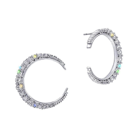 Earrings - Hoop #17484 - Crescent Moon Hoop CZ Earrings 1" Silver
