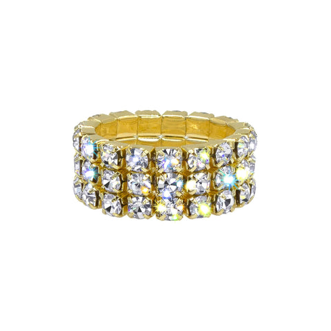 #15394G 3-Row Stretch Rhinestone Ring - Gold Plated Rings Rhinestone Jewelry Corporation