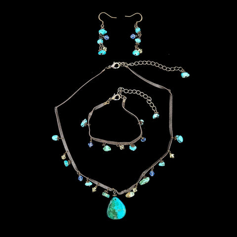 #17405 - Turquoise Leather Bracelet, Earring, and Necklace Set (Limited Supply) Trendy Jewelry Rhinestone Jewelry Corporation