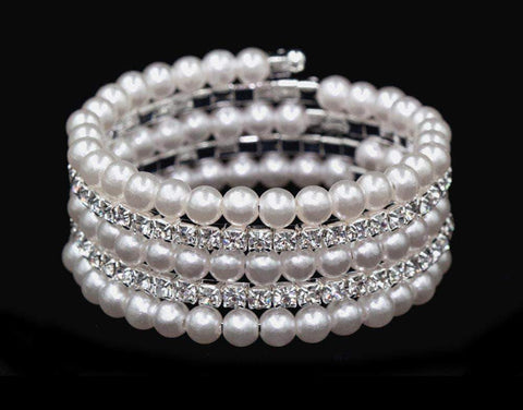 #16465 Pearl and Rhinestone Memory Coil Wrap Coil Bracelet Bracelets Rhinestone Jewelry Corporation