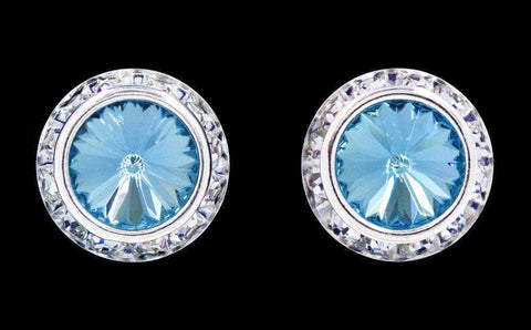 #12537 Aquamarine 16mm Rondel with Rivoli Dance Button Earrings Earrings - Button Rhinestone Jewelry Corporation