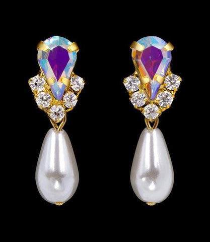 #5538ABG - Rhinestone Pear V Pearl Drop Earrings - AB Gold Plated Earrings - Dangle Rhinestone Jewelry Corporation