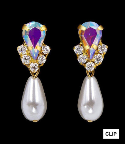 #5538ABGCLIP - Rhinestone Pear V Pearl Drop Earrings - AB Gold Plated - Clip Earrings - Dangle Rhinestone Jewelry Corporation