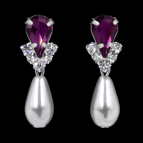 #5538AMY - Rhinestone Pear V Pearl Drop Earrings - Amethyst Silver Plated Earrings - Dangle Rhinestone Jewelry Corporation