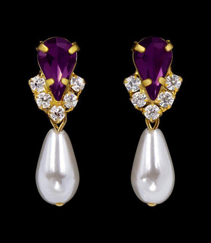 #5538AMYG - Rhinestone Pear V Pearl Drop Earrings - Amethyst Gold Plated Earrings - Dangle Rhinestone Jewelry Corporation