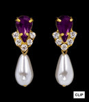 #5538AMYGCLIP - Rhinestone Pear V Pearl Drop Earrings - Amethyst Gold Plated - Clip Earrings - Dangle Rhinestone Jewelry Corporation