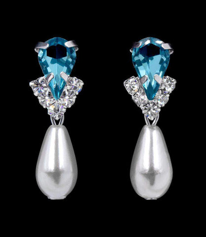 #5538AQUAS - Rhinestone Pear V Pearl Drop Earrings - AQUA Silver Plated Earrings - Dangle Rhinestone Jewelry Corporation