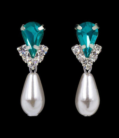 #5538BZS - Rhinestone Pear V Pearl Drop Earrings - Blue Zircon Silver Earrings - Dangle Rhinestone Jewelry Corporation