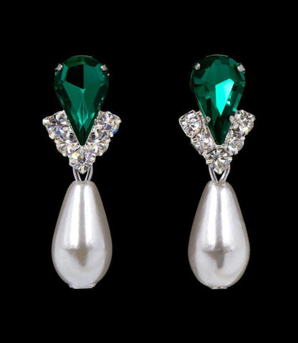 #5538EMS -Rhinestone Pear V Pearl Drop Earrings-Emerald Silver Earrings - Dangle Rhinestone Jewelry Corporation
