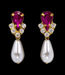 #5538FUCHG - Rhinestone Pear V Pearl Drop Earrings - Fuchsia Gold Plated Earrings - Dangle Rhinestone Jewelry Corporation
