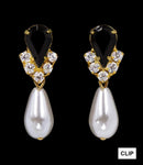 #5538JETG CLIP - Rhinestone Pear V Pearl Drop Earrings - Jet Gold Plated - Clip Earrings - Dangle Rhinestone Jewelry Corporation