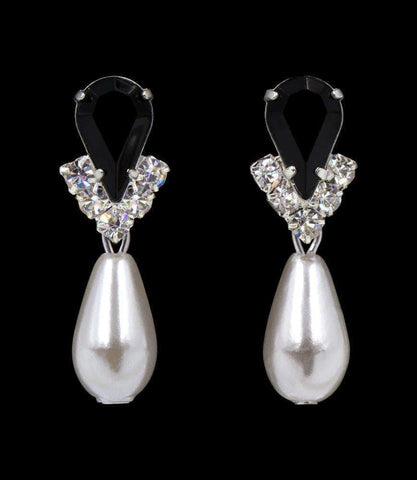 #5538JETS - Rhinestone Pear V Pearl Drop Earrings - Jet Silver Plated Earrings - Dangle Rhinestone Jewelry Corporation