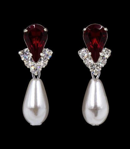#5538RUBYS - Rhinestone Pear V Pearl Drop Earrings - Ruby Silver Plated Earrings - Dangle Rhinestone Jewelry Corporation