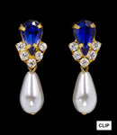 #5538SAPHG CLIP - Rhinestone Pear V Pearl Drop Earrings - Sapphire Gold Plated - Clip Earrings - Dangle Rhinestone Jewelry Corporation