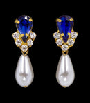 #5538SAPHG - Rhinestone Pear V Pearl Drop Earrings - Sapphire Gold Plated Earrings - Dangle Rhinestone Jewelry Corporation