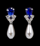 #5538SAPHS - Rhinestone Pear V Pearl Drop Earrings - Sapphire Silver Plated Earrings - Dangle Rhinestone Jewelry Corporation