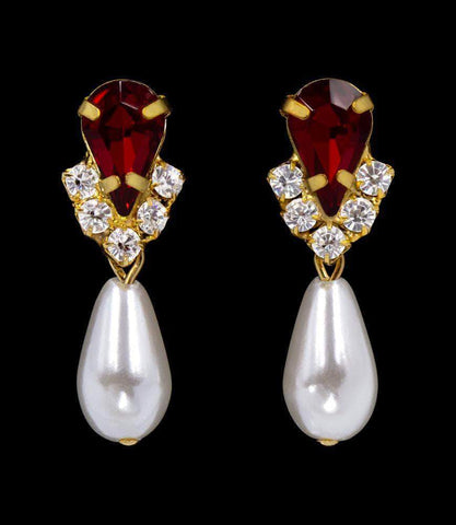 #5538SIAMG - Rhinestone Pear V Pearl Drop Earrings - Siam Gold Plated Earrings - Dangle Rhinestone Jewelry Corporation