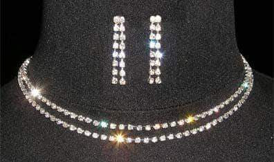 #14285 - Simple 2 Row Rhinestone Neck and Ear Set (Limited Supply) Necklaces - Collars Rhinestone Jewelry Corporation