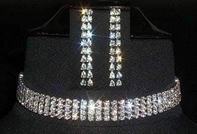 #12208 4 Row Rhinestone Choker and Earring Set Necklaces - Collars Rhinestone Jewelry Corporation