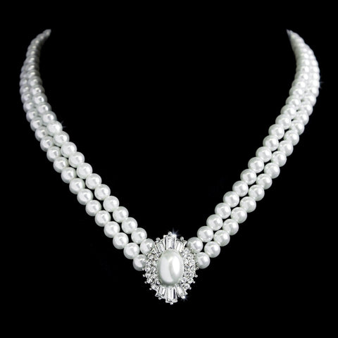 #9424N - 2 Row V Line Pearl Necklace (Limited Supply) Necklaces - Midsize Rhinestone Jewelry Corporation