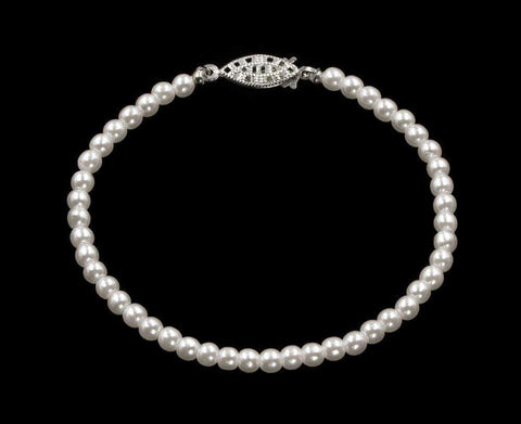#9585-725 - 4mm Simulated White Pearl Bracelet - 7.25" Pearl Neck & Ears Rhinestone Jewelry Corporation