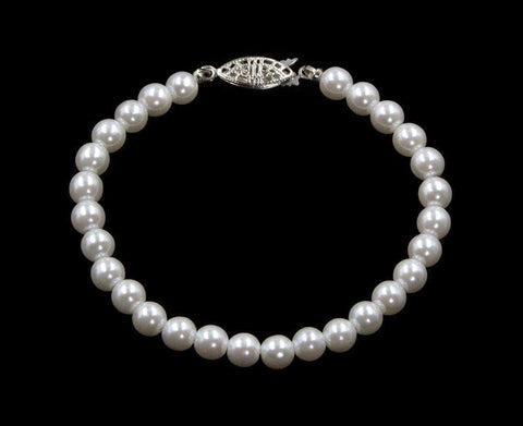 #9587-725 - 6mm Simulated White Pearl Bracelet - 7.25" Pearl Neck & Ears Rhinestone Jewelry Corporation
