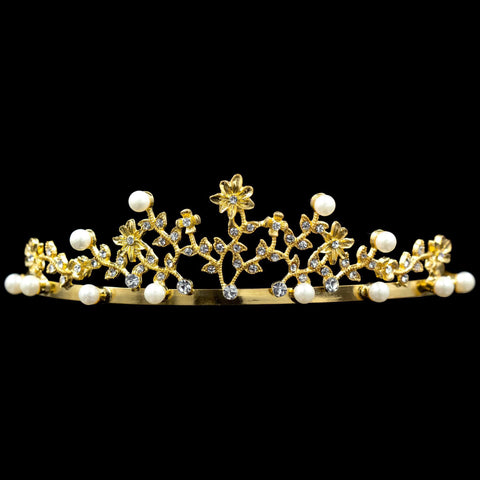 #10949G - Filigree Crystal and Pearl Tiara - Gold Plated Tiaras up to 1.5" Rhinestone Jewelry Corporation