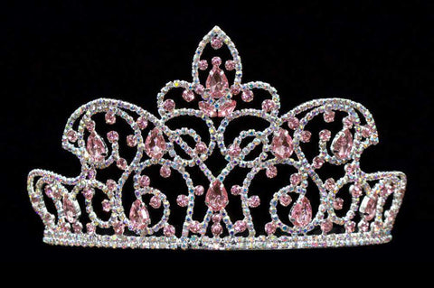 #16174 Caped Crown Rose and AB - 4" Tiaras up to 3" Rhinestone Jewelry Corporation