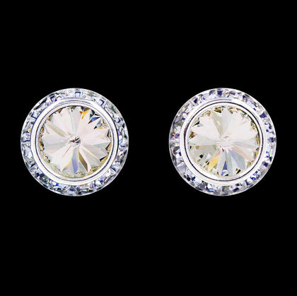 #12537 Alaskan Blue 16mm Rondel with Rivoli Button Earrings (Bluish Green) Earrings - Button Rhinestone Jewelry Corporation