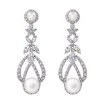 #17469S Majestic Teardrop Pearl and CZ Leaf Motif Earrings - Silver Earrings - Dangle Rhinestone Jewelry Corporation