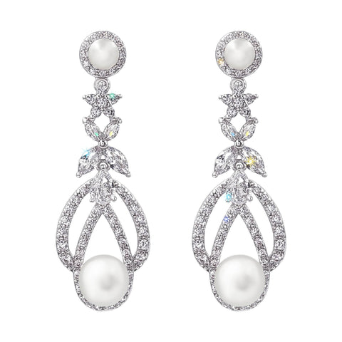 #17469S Majestic Teardrop Pearl and CZ Leaf Motif Earrings - Silver Earrings - Dangle Rhinestone Jewelry Corporation