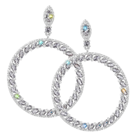 #17478R - Woven Navette Hoop Drop CZ Earrings 2.25" Silver Earrings - Hoop Rhinestone Jewelry Corporation