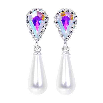 #17497 AB Halo Pear Earrings with White Pearl Drop - Post Silver