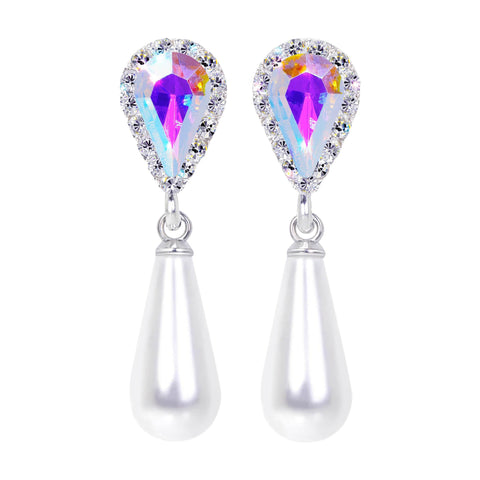 #17497 AB Halo Pear Earrings with White Pearl Drop - Post Silver