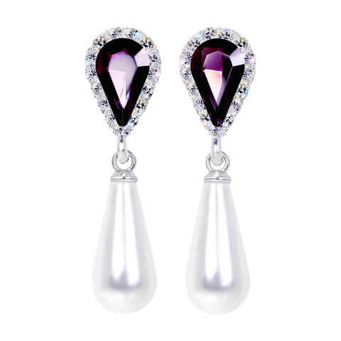 #17497 Amethyst Halo Pear Earrings with White Pearl Drop - Post Silver