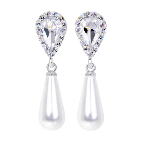 #17497 Crystal Halo Pear Earrings with White Pearl Drop - Post Silver