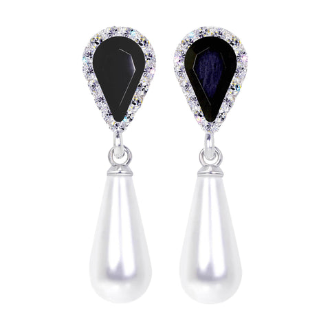#17497 Jet Halo Pear Earrings with White Pearl Drop - Post Silver