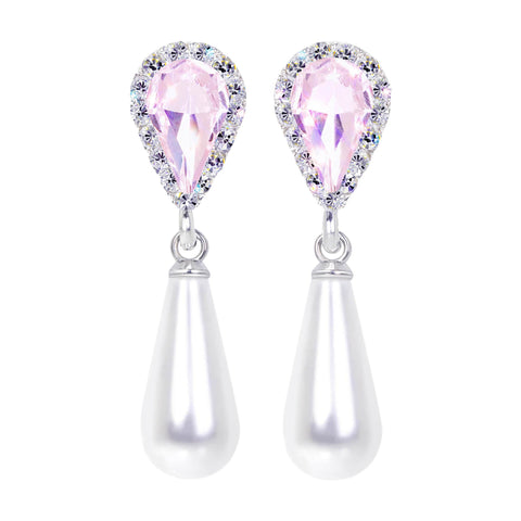 #17497 Light Rose Halo Pear Earrings with White Pearl Drop - Post Silver