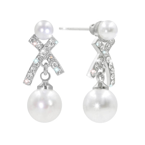 #17498R X Earring with O Pearl - CZ Earrings - Silver
