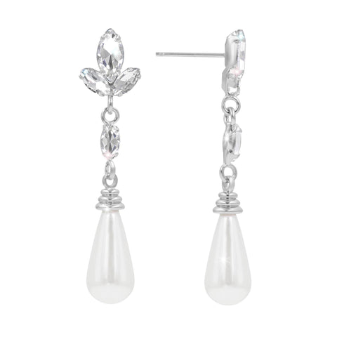 #17505 - Elegant Leaf Pearl Drop Earring - Silver
