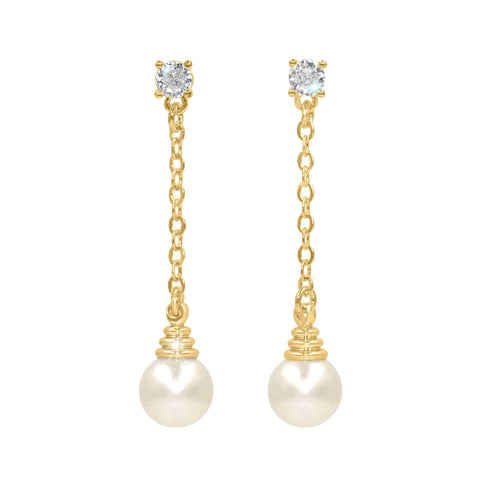 #17506G - Honeycomb CZ Drop Pearl Earring 1.5" Tall - Gold
