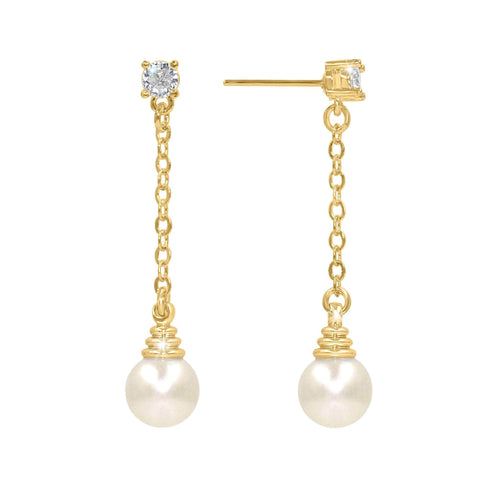 #17506G - Honeycomb CZ Drop Pearl Earring 1.5" Tall - Gold