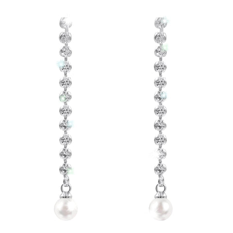 17509 - Prongless Pearl Drop Earrings - Silver Earrings - Dangle Rhinestone Jewelry Corporation