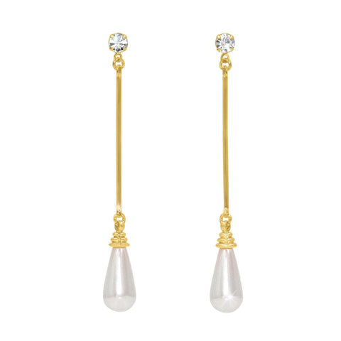 #17511G - Swinging Pearl and Rhinestone Drop Earrings 2.5" Tall - Gold Plated