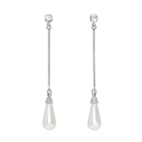 #17511S - Swinging Pearl and Rhinestone Drop Earrings 2.5" Tall - Silver Plated