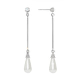#17511S - Swinging Pearl and Rhinestone Drop Earrings 2.5" Tall - Silver Plated